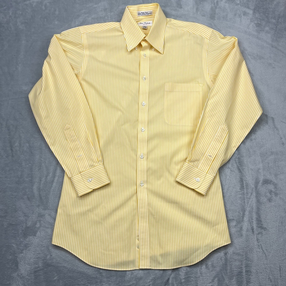Paul Fredrick Dress Shirt Mens 15 Yellow Striped Easy Care Trim Fit Button Down